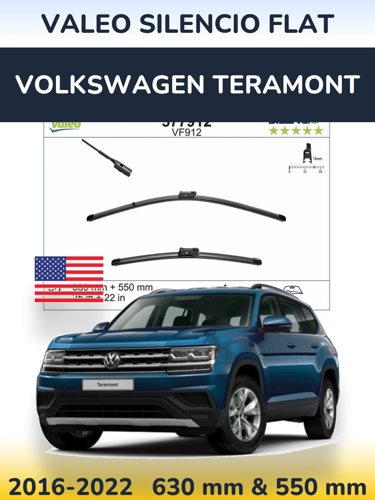 Комплект передних дворников Valeo Silencio Flat 630 & 550 мм для Volkswagen Teramont 2016-2022