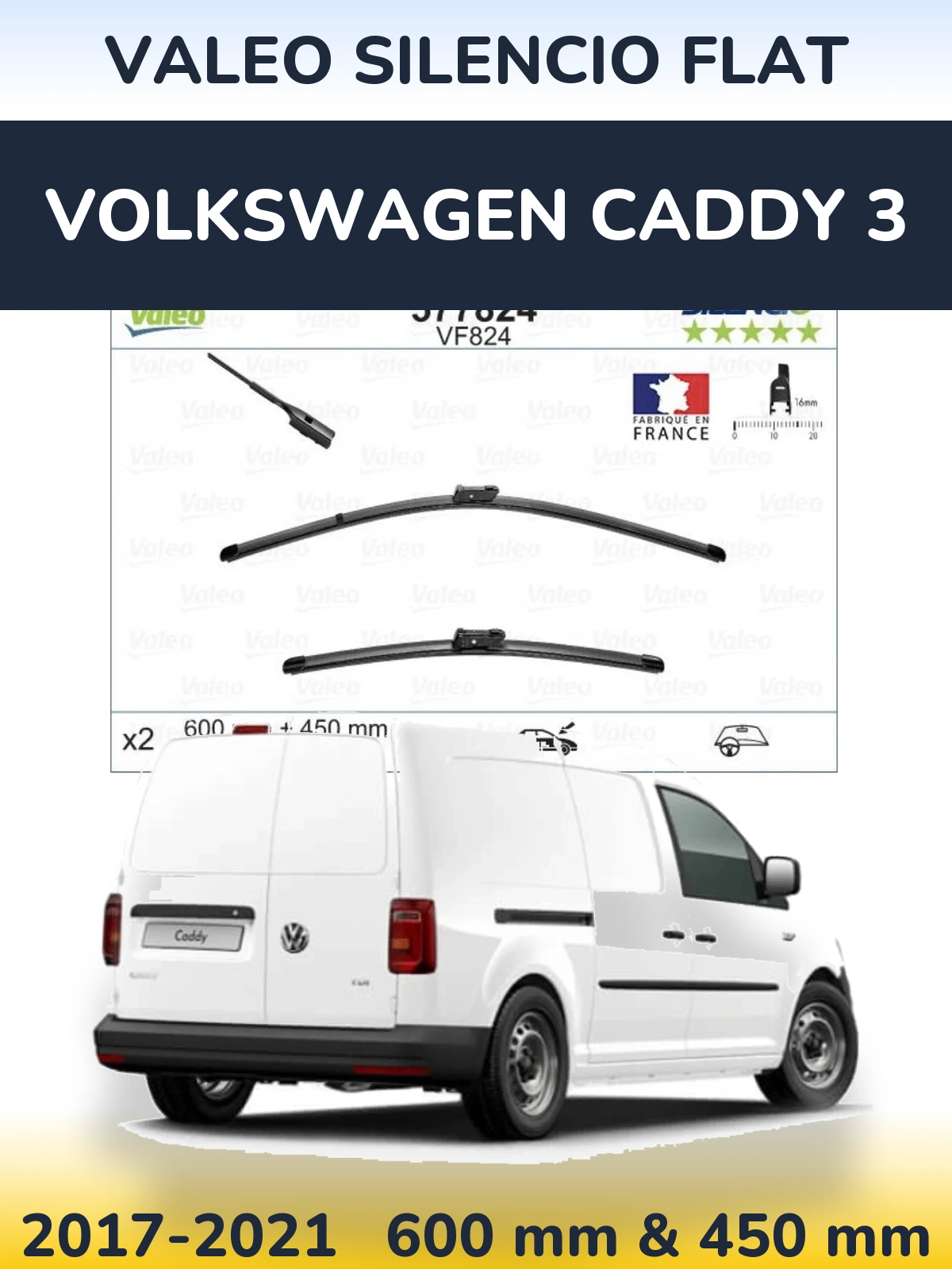 Front wiper blade set Valeo Silencio Flat 600 & 450 mm for Volkswagen Caddy 3 2017-2021