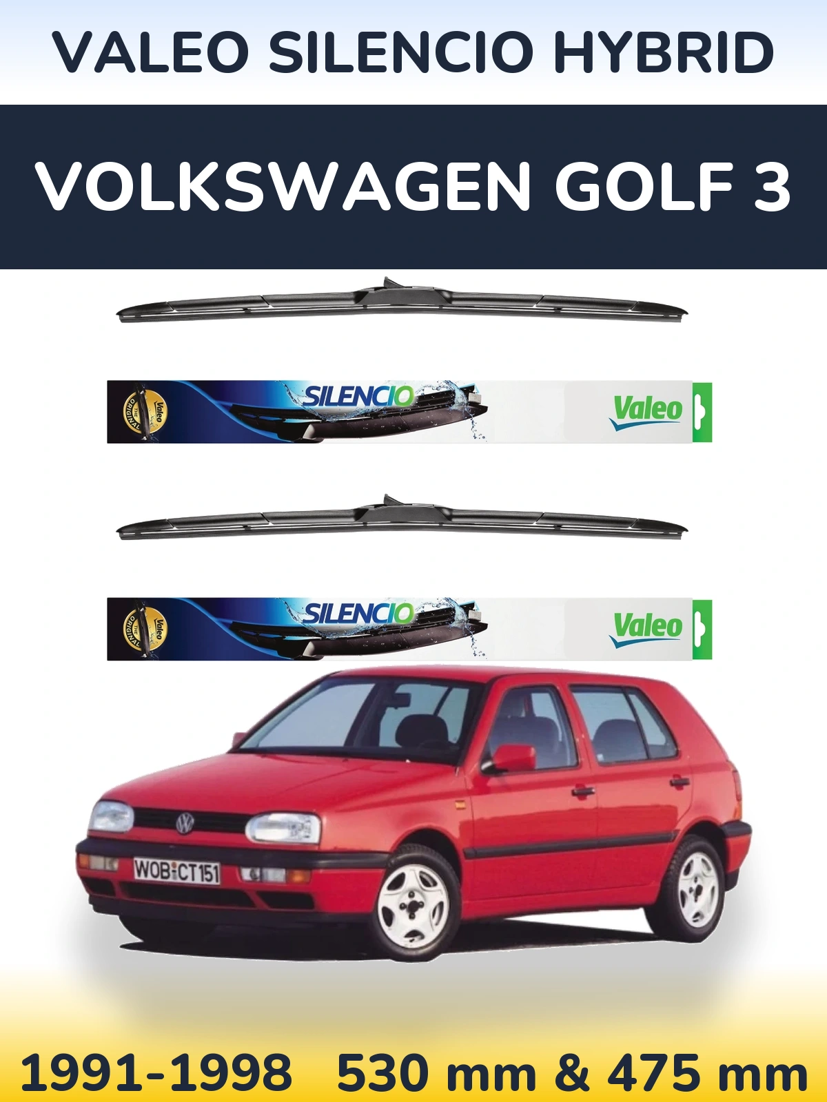 Front wiper blade set Valeo Silencio Hybrid 530 & 475 mm for Volkswagen Golf 3 1991-1998