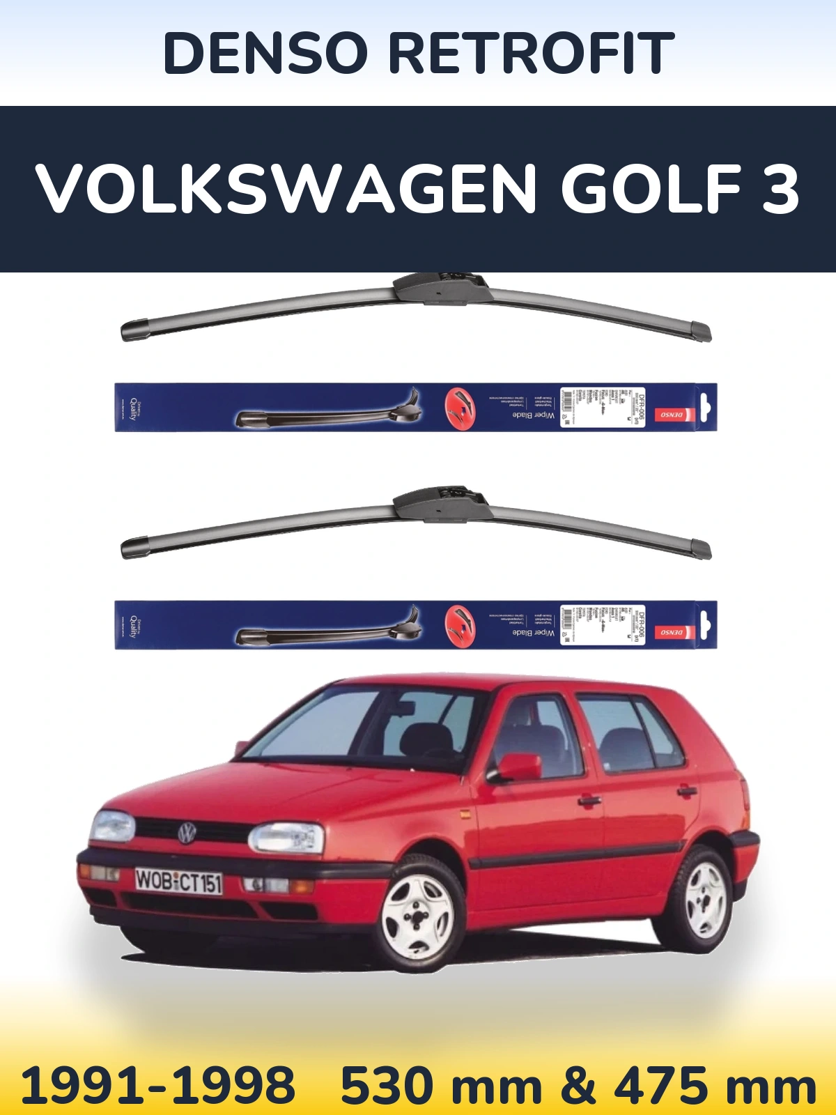 Komplet przednich wycieraczek Denso Retrofit 530 & 475 mm do Volkswagen Golf 3 1991-1998