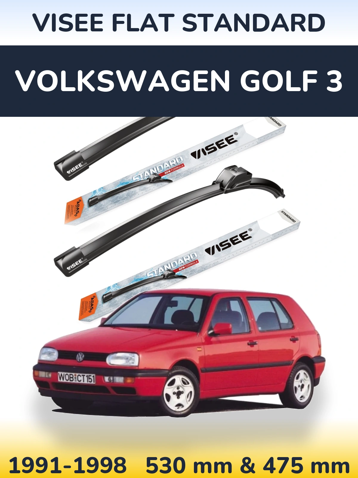 Front wiper blade set VISEE FLAT STANDARD 530 & 475 mm for Volkswagen Golf 3 1991-1998