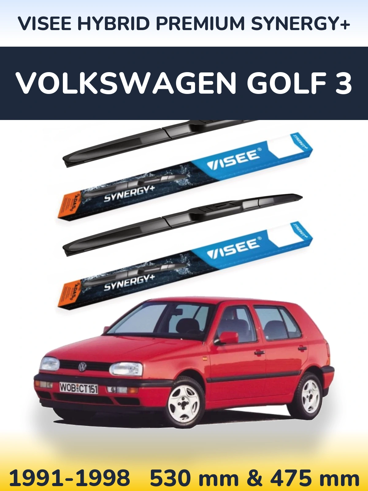 Front wiper blade set VISEE HYBRID PREMIUM SYNERGY+ 530 & 475 mm for Volkswagen Golf 3 1991-1998