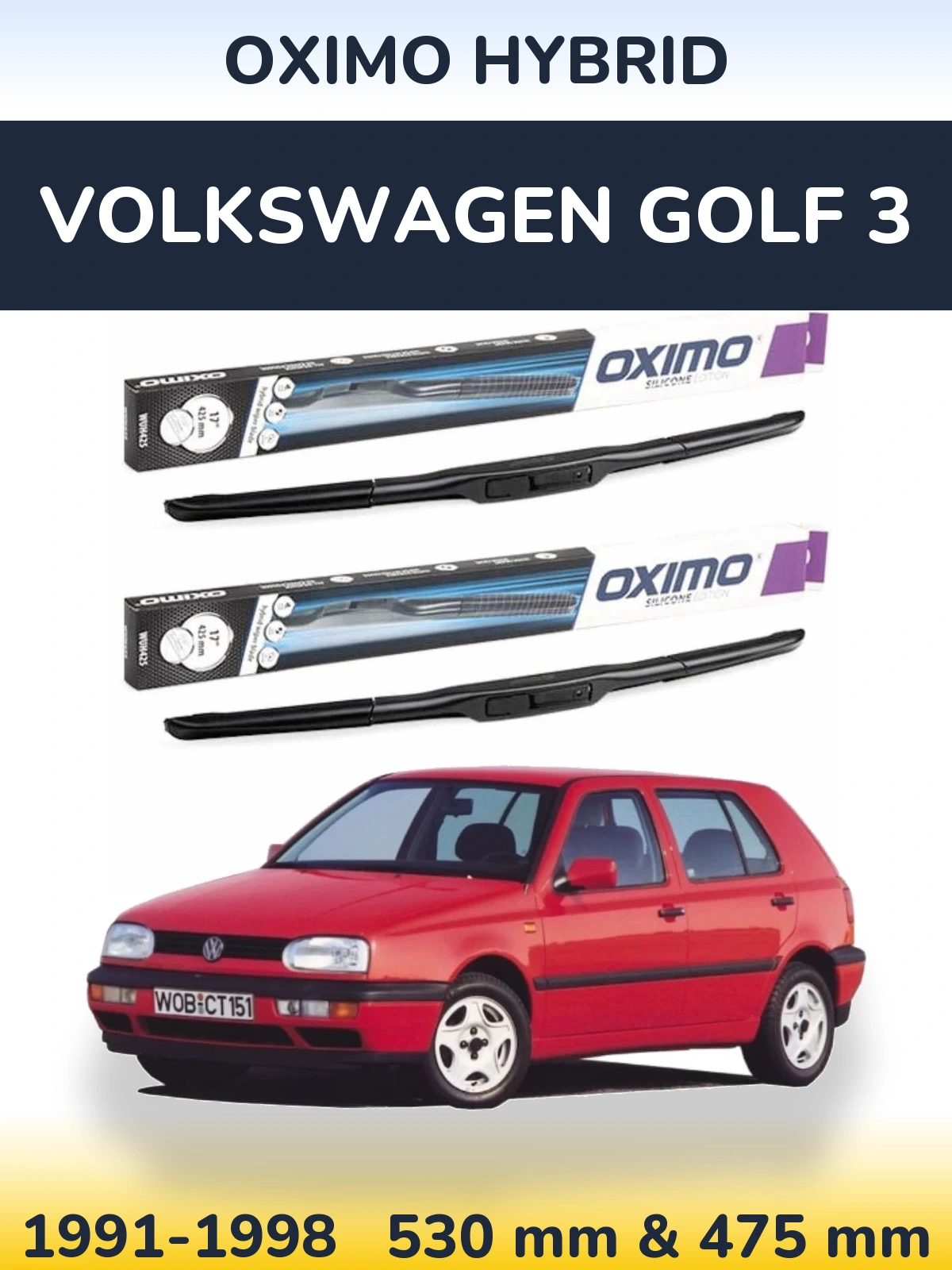 Front wiper blade set Oximo Hybrid 530 & 475 mm for Volkswagen Golf 3 1991-1998
