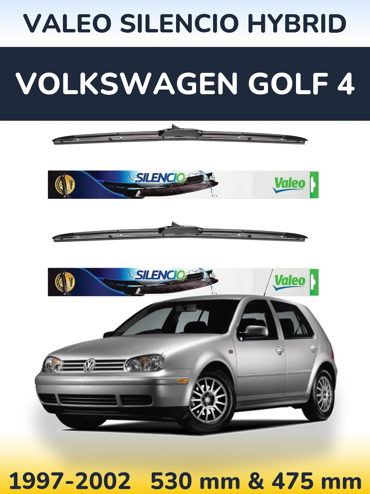 Front wiper blade set Valeo Silencio Hybrid 530 & 475 mm for Volkswagen Golf 4 1997-2002