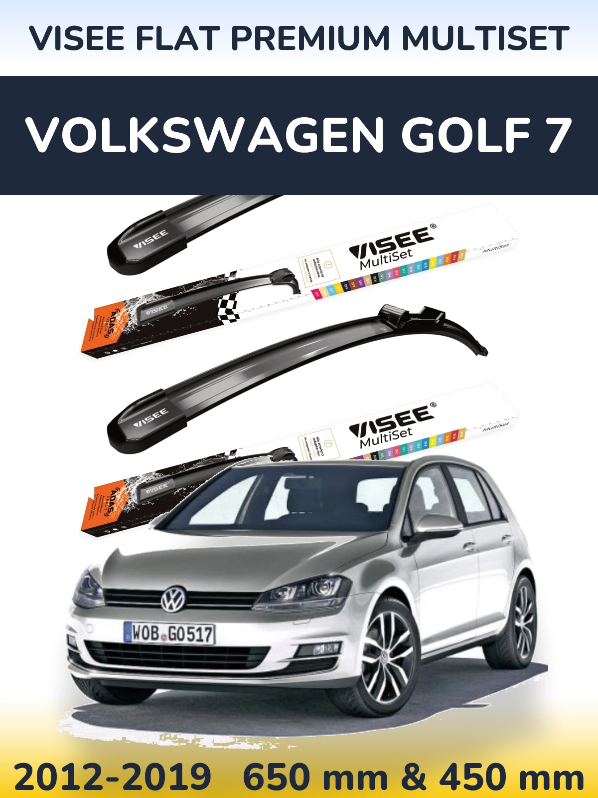 Front wiper blade set VISEE FLAT PREMIUM MultiSet 650 & 450 mm for Volkswagen Golf 7 2012-2019