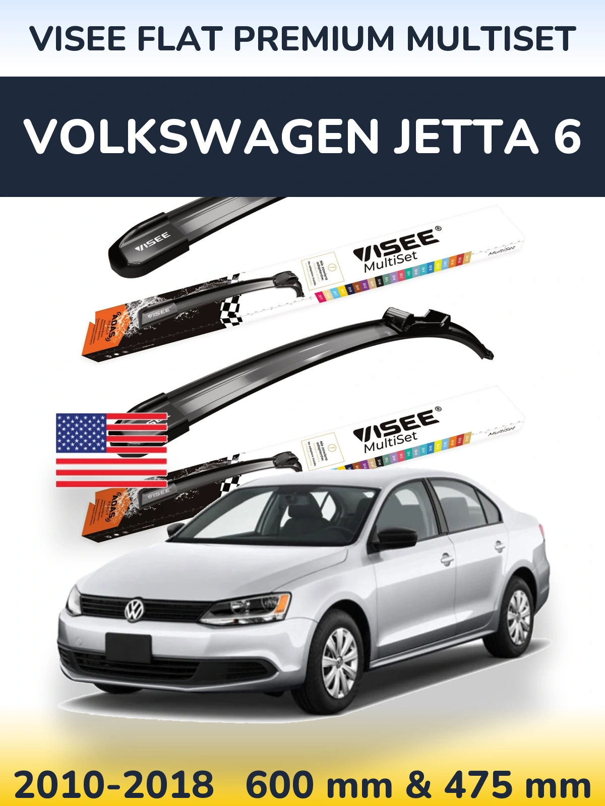 Front wiper blade set VISEE FLAT PREMIUM MultiSet 600 & 475 mm for Volkswagen Jetta 6 2010-2018