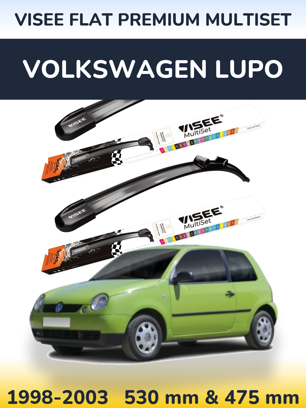 Комплект передніх щіток VISEE FLAT PREMIUM MultiSet 530 & 475 мм для Volkswagen Lupo 1998-2003