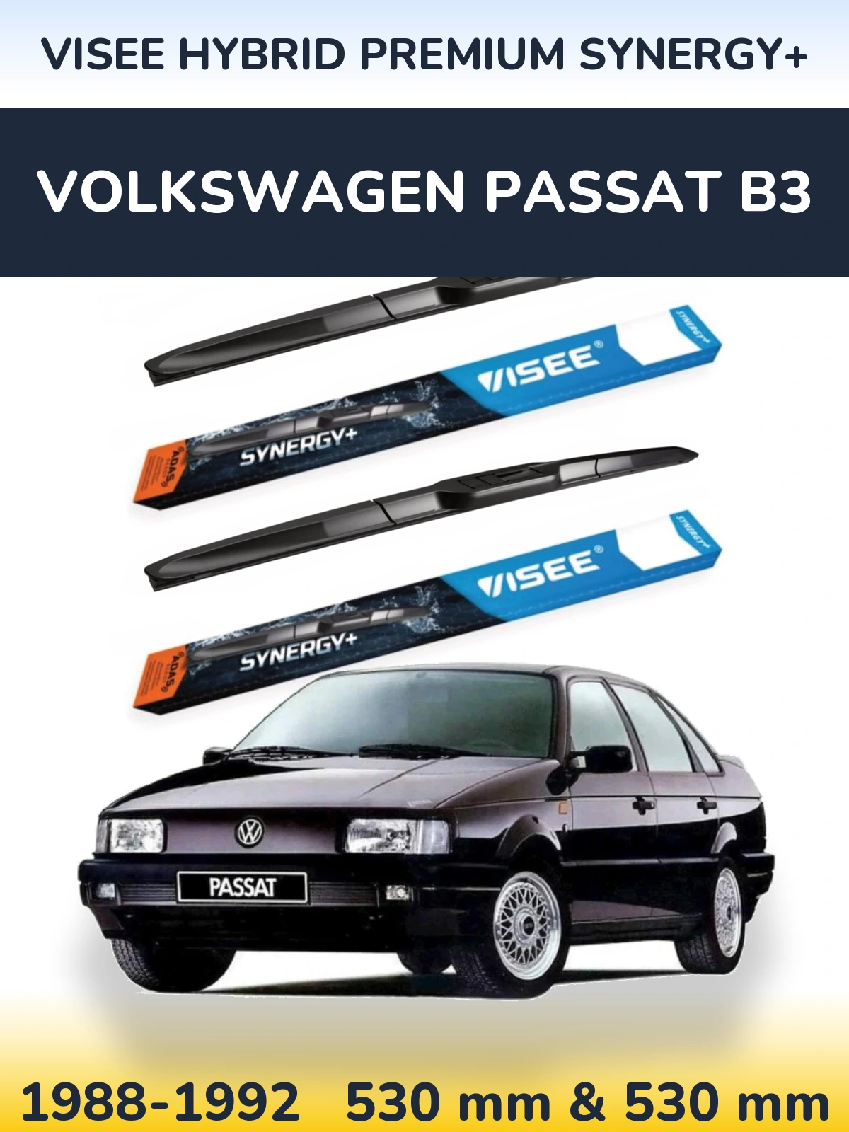 Front wiper blade set VISEE HYBRID PREMIUM SYNERGY+ 530 & 530 mm for Volkswagen Passat B3 1988-1992