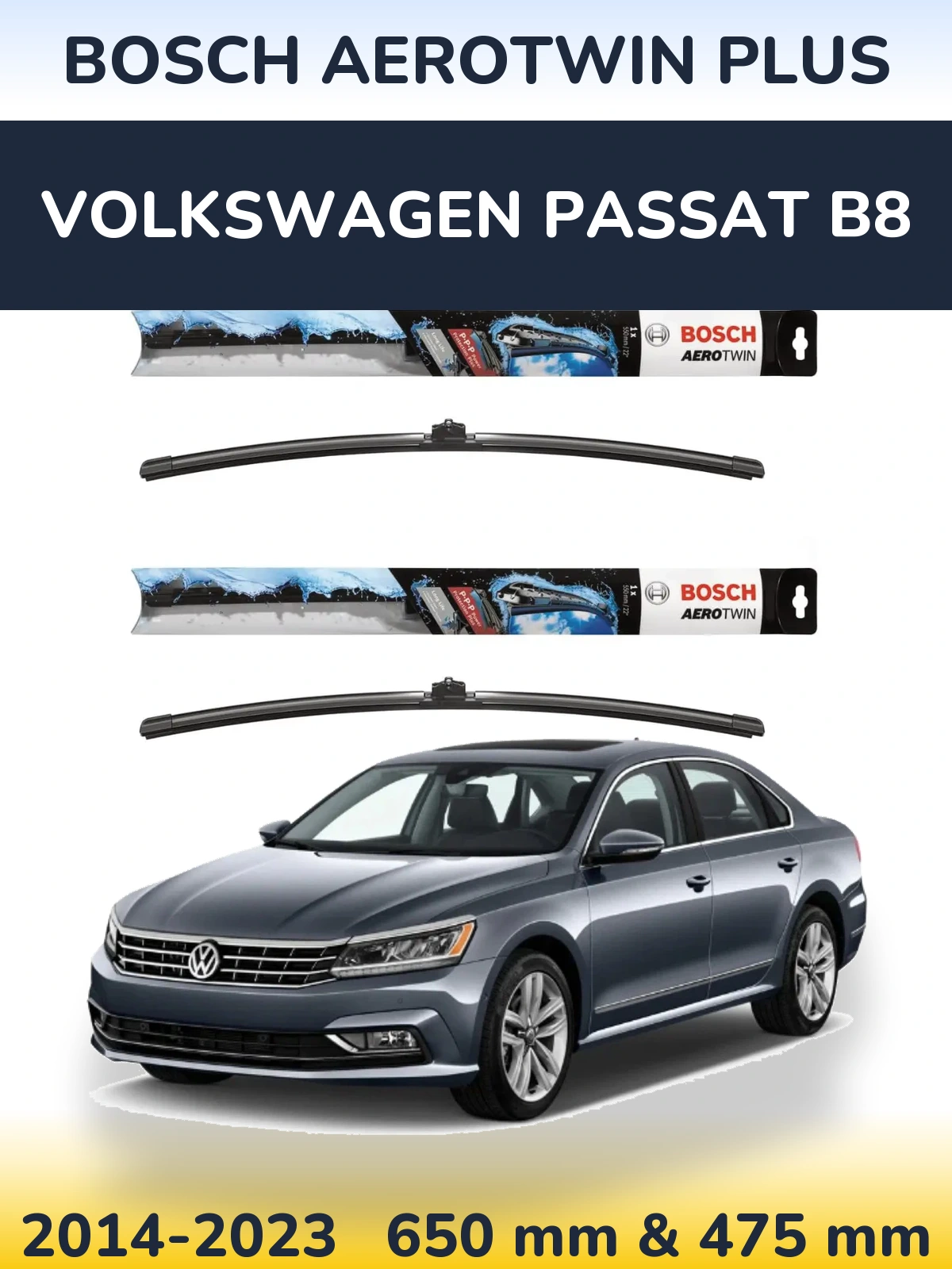 Комплект передніх щіток BOSCH AeroTwin Plus 650 & 475 мм для Volkswagen Passat B8 2014-2023