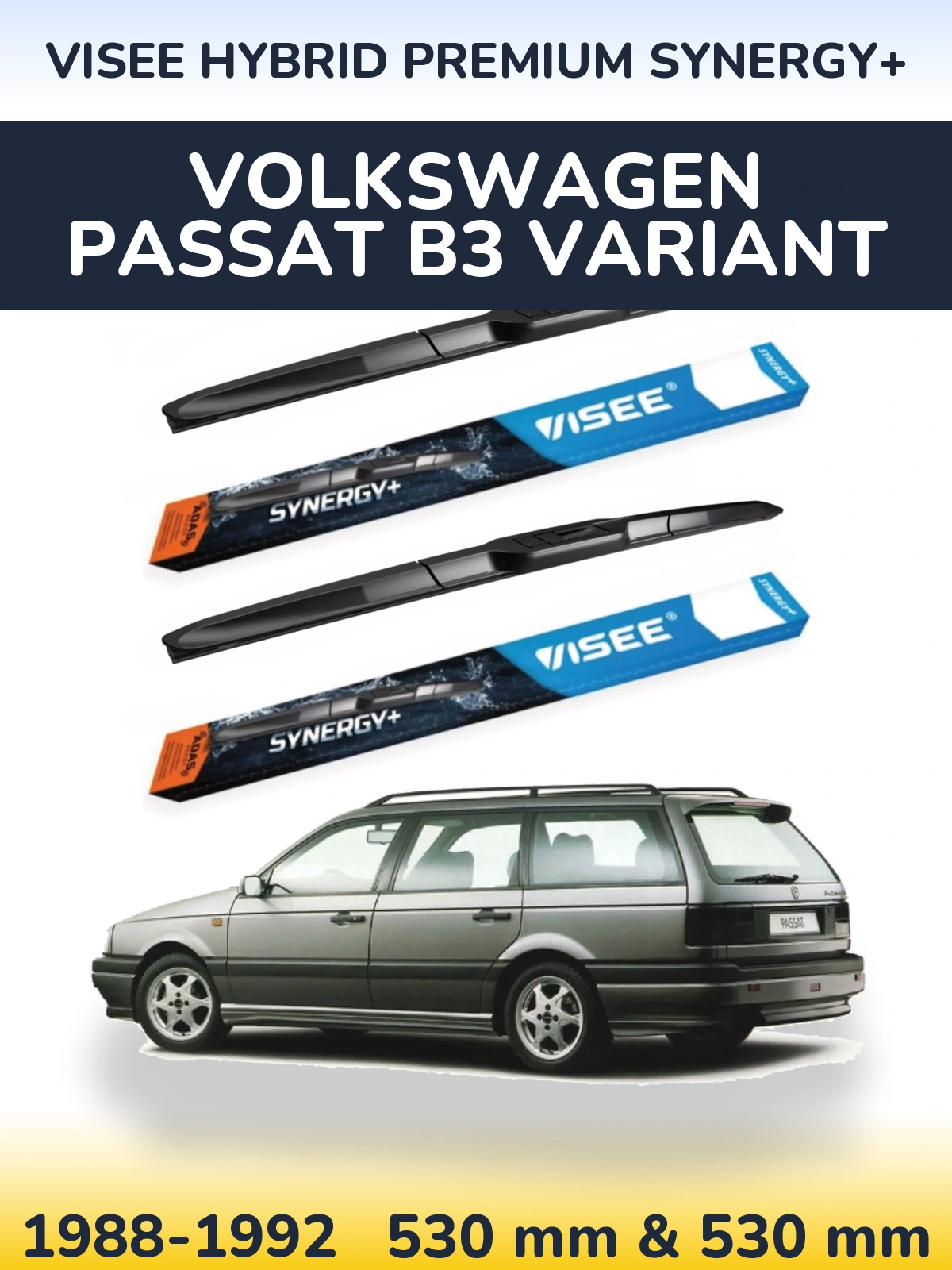Front wiper blade set VISEE HYBRID PREMIUM SYNERGY+ 530 & 530 mm for Volkswagen Passat B3 Variant 1988-1992