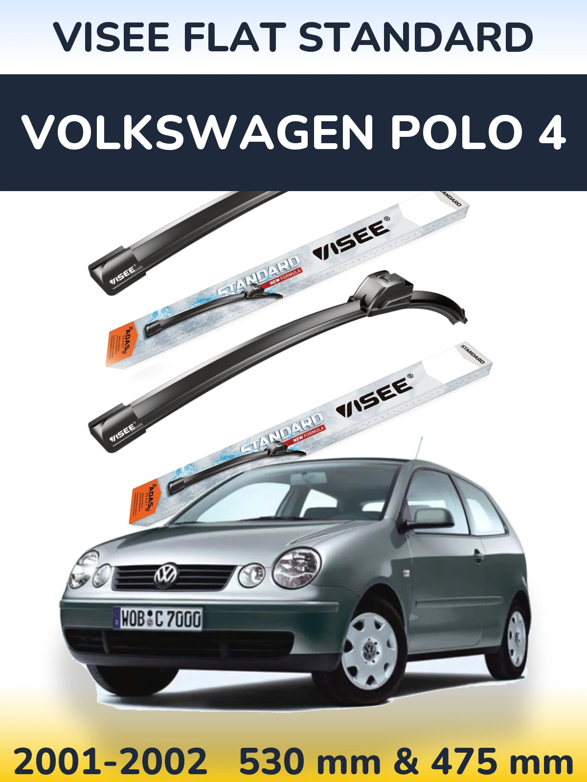 Front wiper blade set VISEE FLAT STANDARD 530 & 475 mm for Volkswagen Polo 4 2001-2002