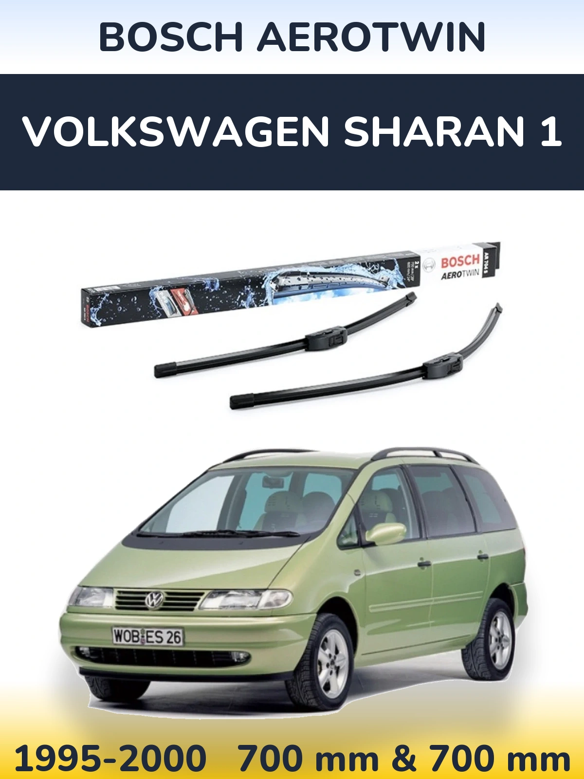 Front wiper blade set BOSCH AeroTwin 700 & 600 mm for Volkswagen Sharan 1 1995-2000