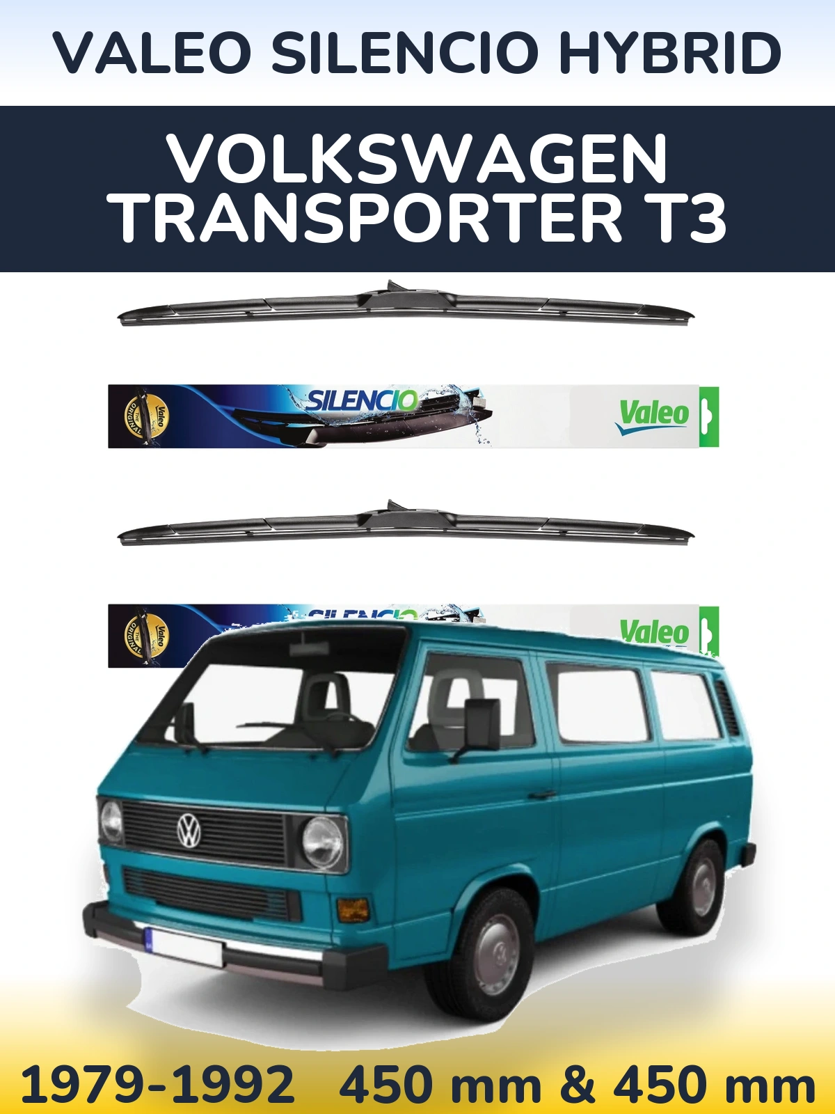 Komplet przednich wycieraczek Valeo Silencio Hybrid 450 & 450 mm do Volkswagen Transporter T3 1979-1992