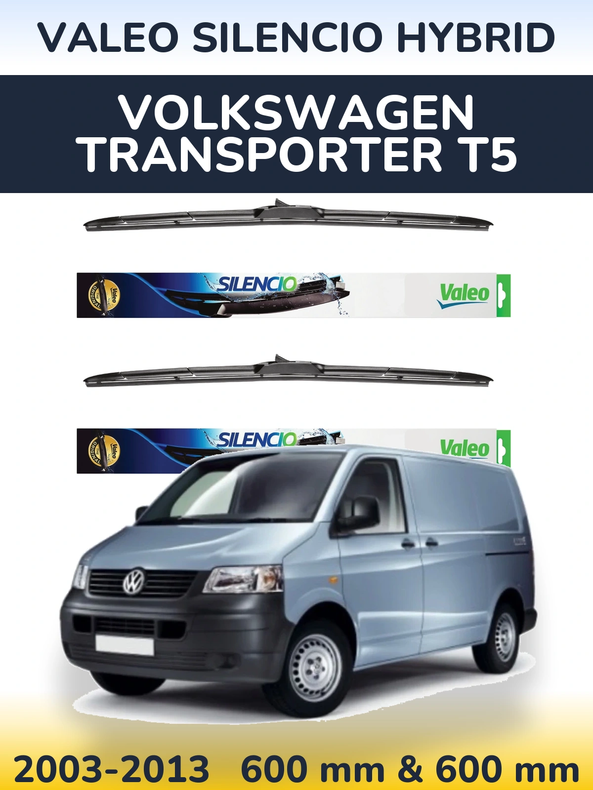 Front wiper blade set Valeo Silencio Hybrid 600 & 600 mm for Volkswagen Transporter T5 2003-2013