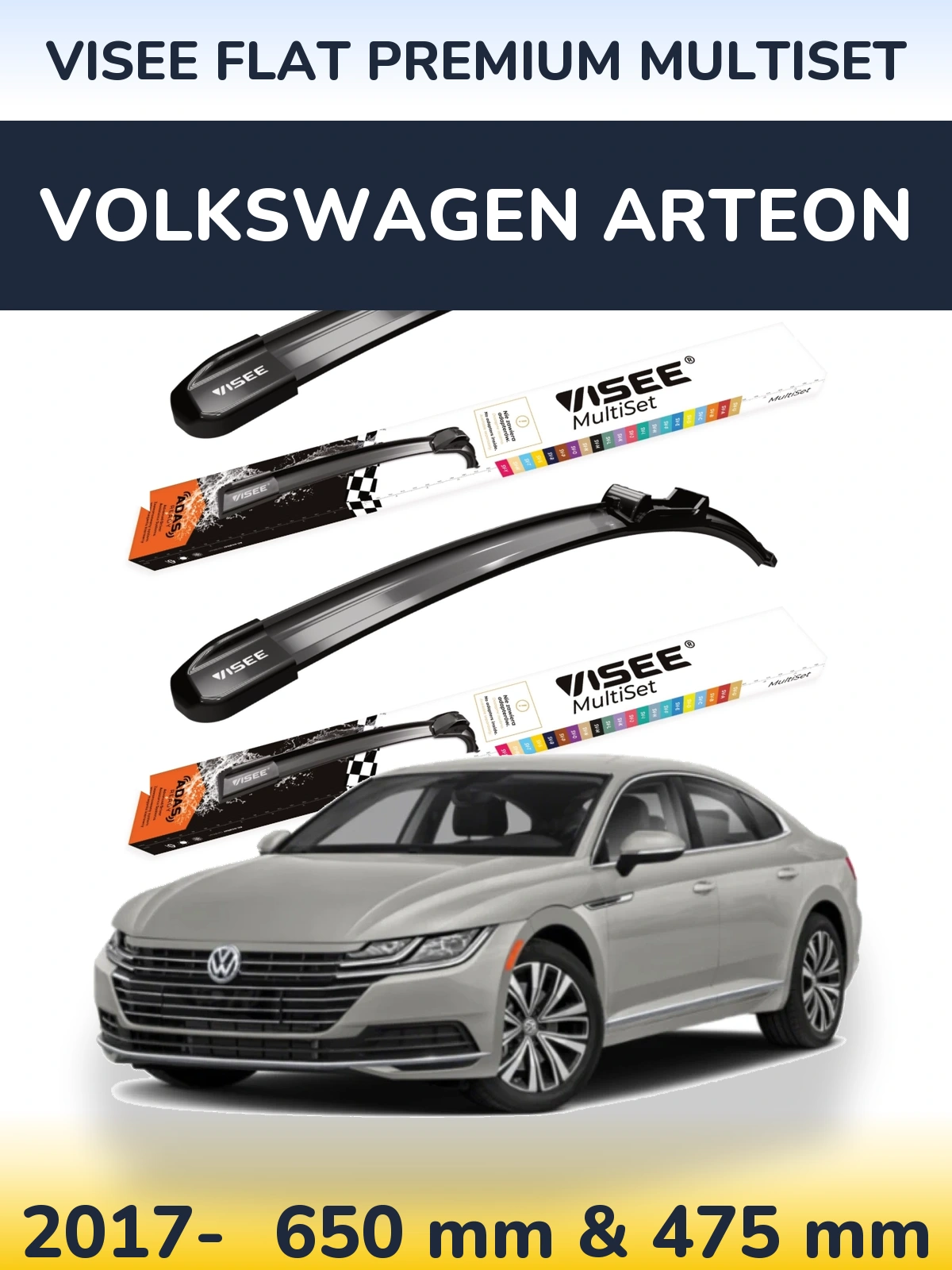 Front wiper blade set VISEE FLAT PREMIUM MultiSet 650 & 475 mm for Volkswagen Arteon 2017-2026