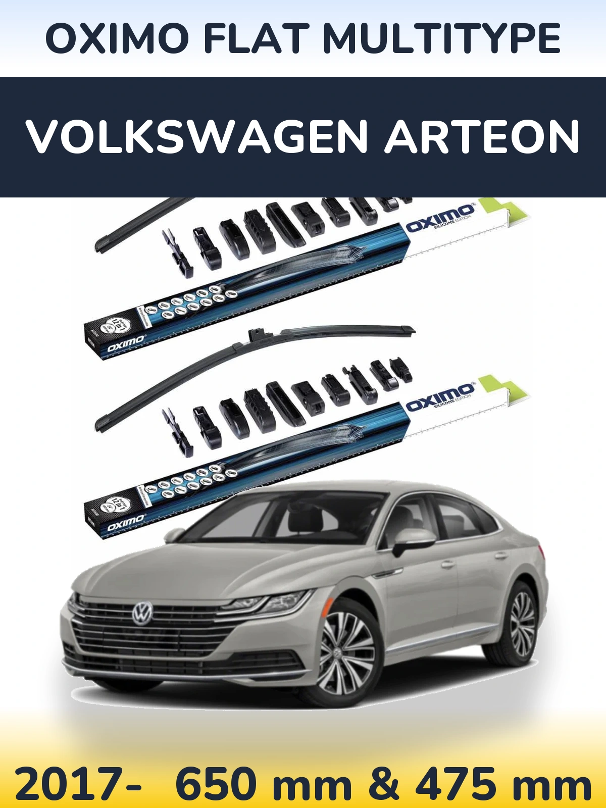 Комплект передніх щіток Oximo Flat MultiТипe 650 & 475 мм для Volkswagen Arteon 2017-2026