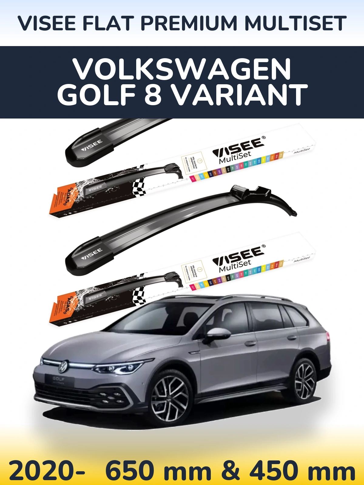 Komplet przednich wycieraczek VISEE FLAT PREMIUM MultiSet 650 & 450 mm do Volkswagen Golf 8 Variant 2020-2026