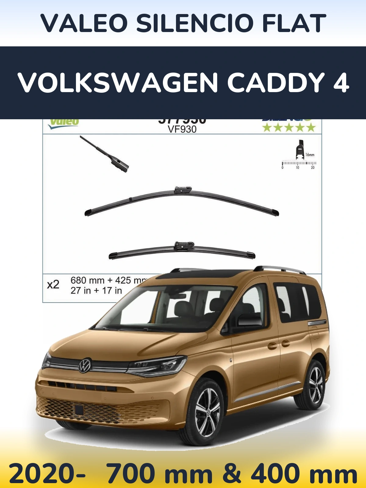 Komplet przednich wycieraczek Valeo Silencio Flat 680 & 400 mm do Volkswagen Caddy 4 2020-2026