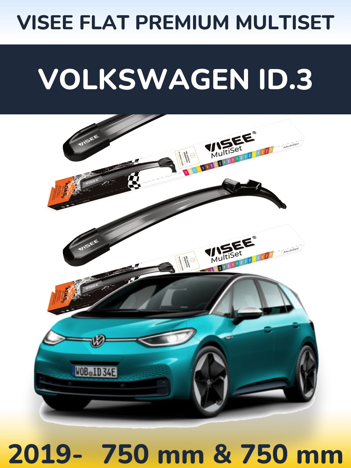 Front wiper blade set VISEE FLAT PREMIUM MultiSet 750 & 750 mm for Volkswagen ID.3 2019-2026