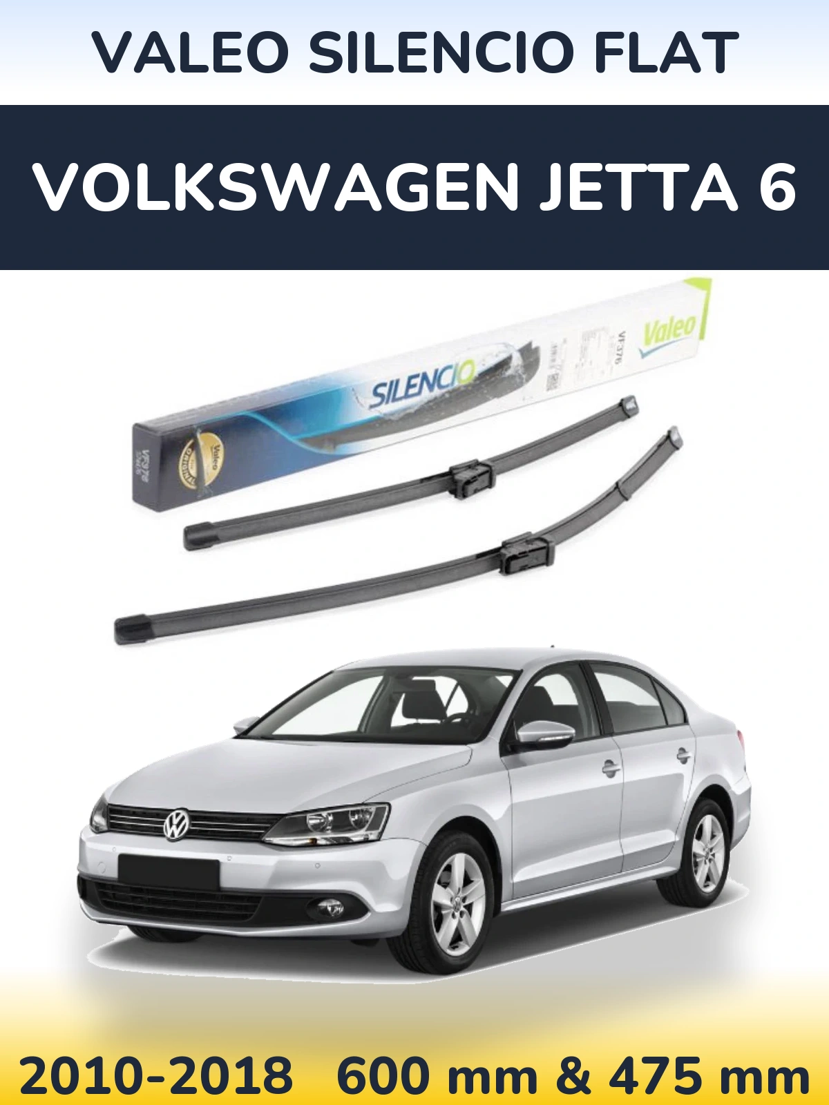 Front wiper blade set Valeo Silencio Flat 600 & 475 mm for Volkswagen Jetta 6 2010-2018