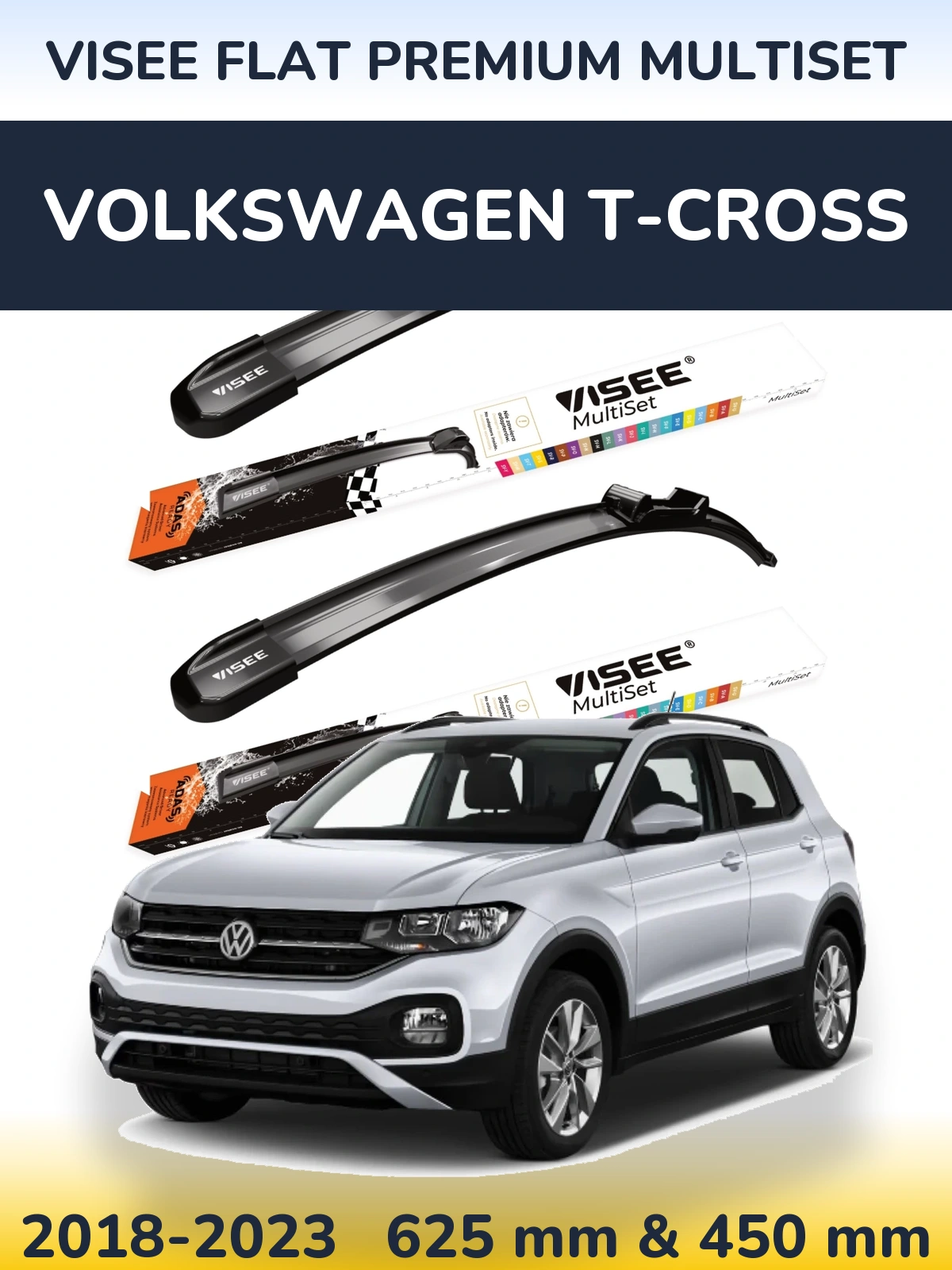 Комплект передніх щіток VISEE FLAT PREMIUM MultiSet 630 & 450 мм для Volkswagen T-Cross 2018-2023