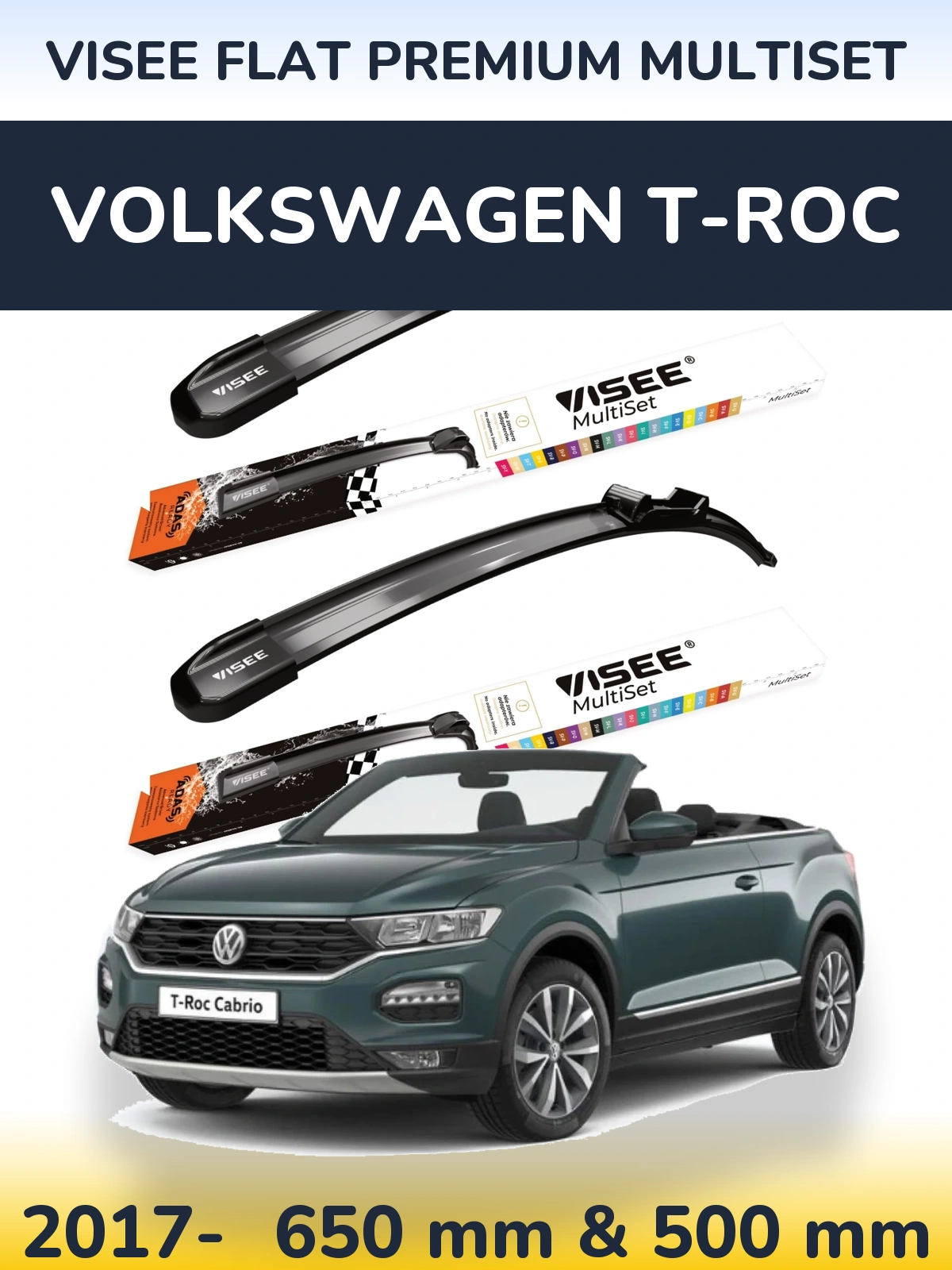 Front wiper blade set VISEE FLAT PREMIUM MultiSet 650 & 500 mm for Volkswagen T-Roc 2017-2026