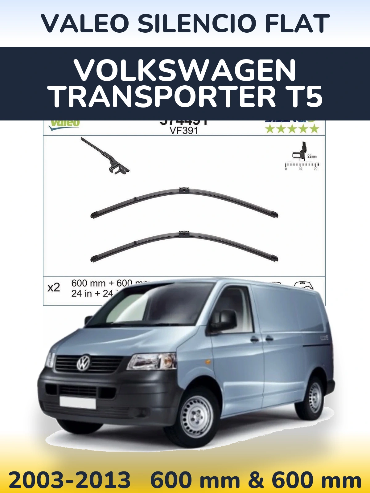 Front wiper blade set Valeo Silencio Flat 600 & 600 mm for Volkswagen Transporter T5 2003-2013