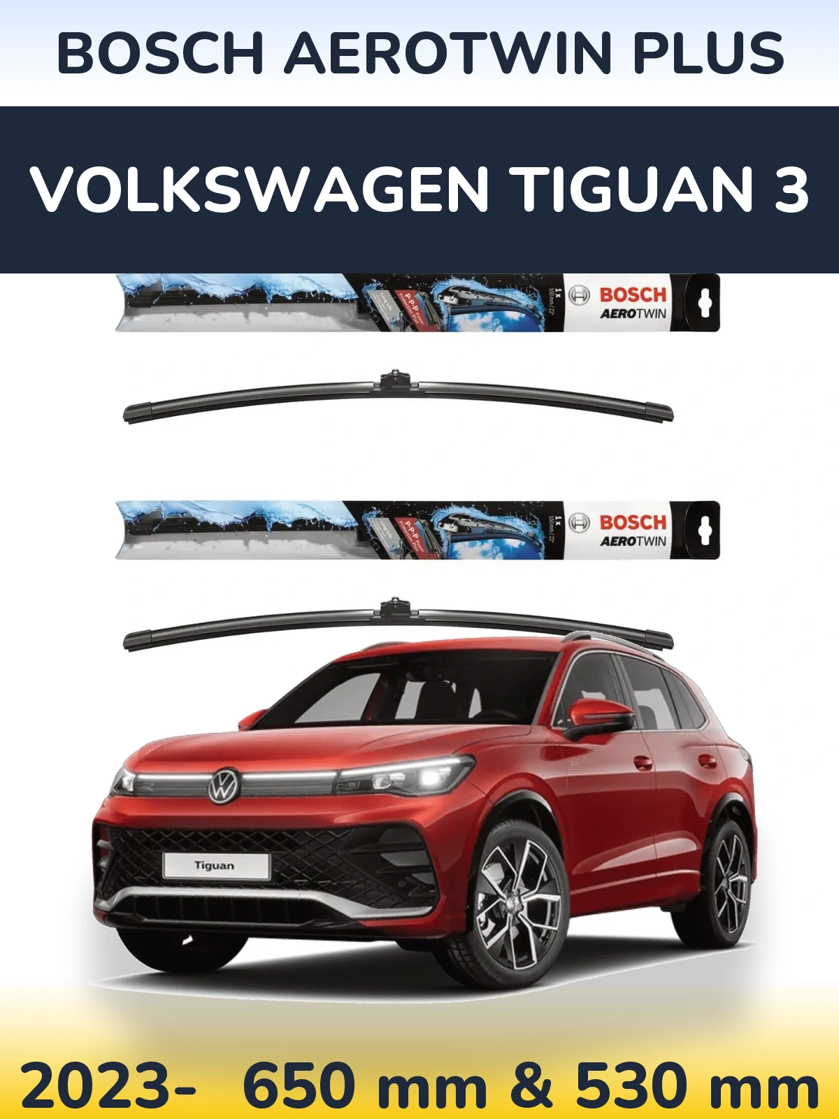 Комплект передних дворников BOSCH AeroTwin Plus 650 & 530 мм для Volkswagen Tiguan 3 2023-2026