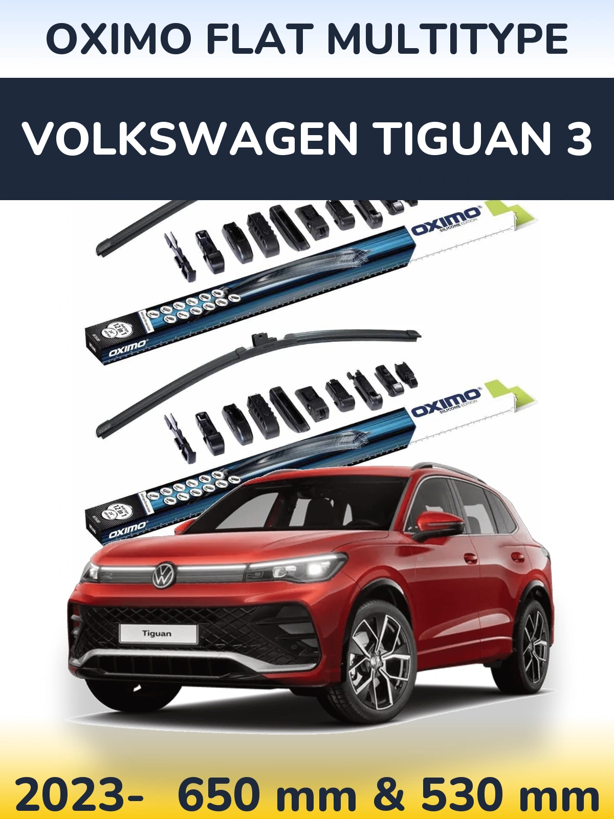 Комплект передних дворников Oximo Flat MultiТипe 650 & 530 мм для Volkswagen Tiguan 3 2023-2026