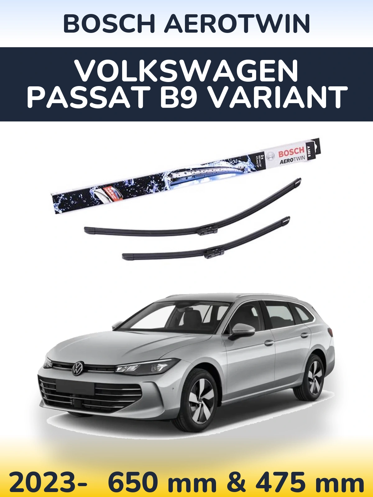 Комплект передніх щіток BOSCH AeroTwin 650 & 475 мм для Volkswagen Passat B9 Variant 2023-2026