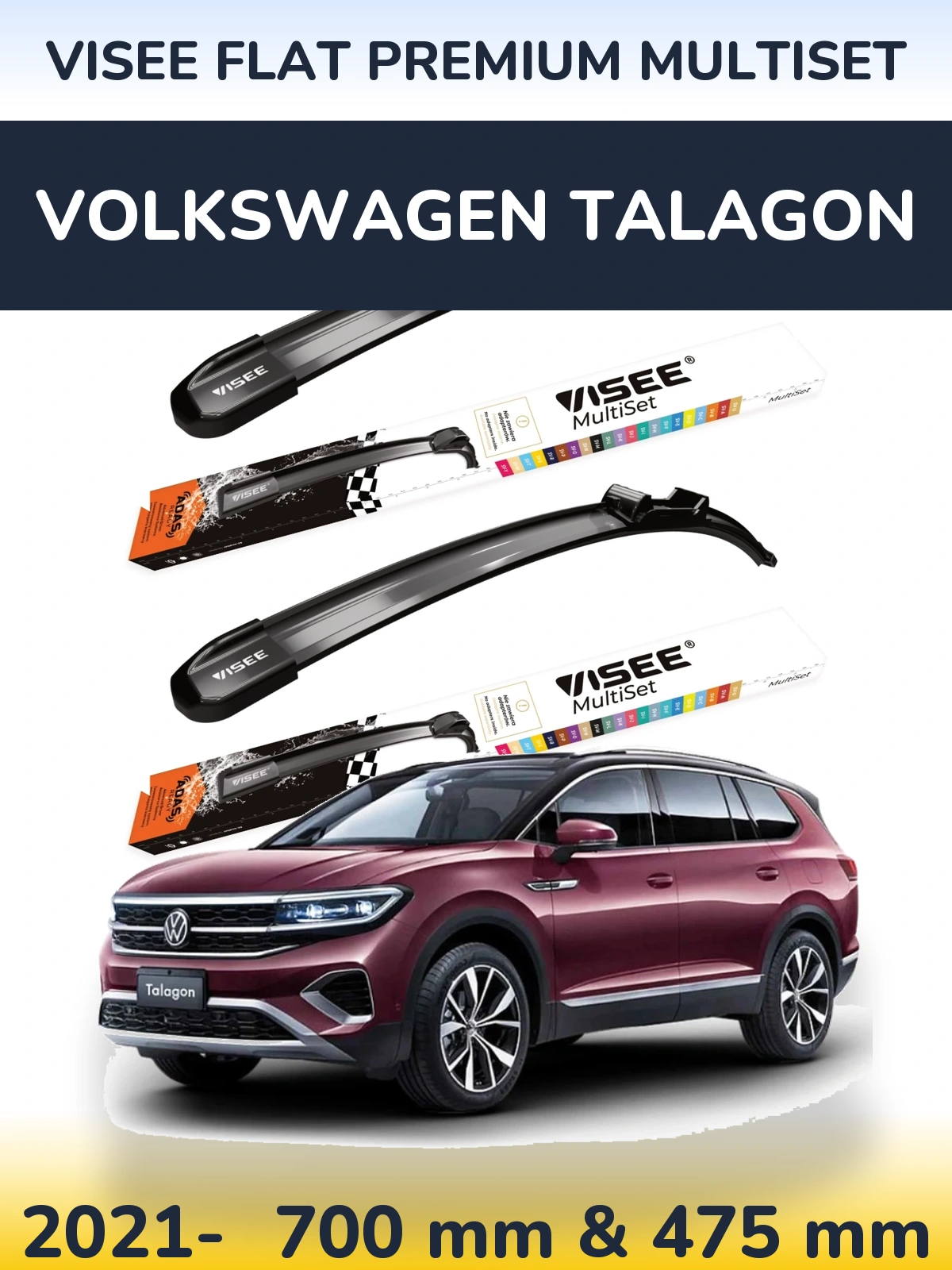 Komplet przednich wycieraczek VISEE FLAT PREMIUM MultiSet 700 & 475 mm do Volkswagen Talagon 2021-2026