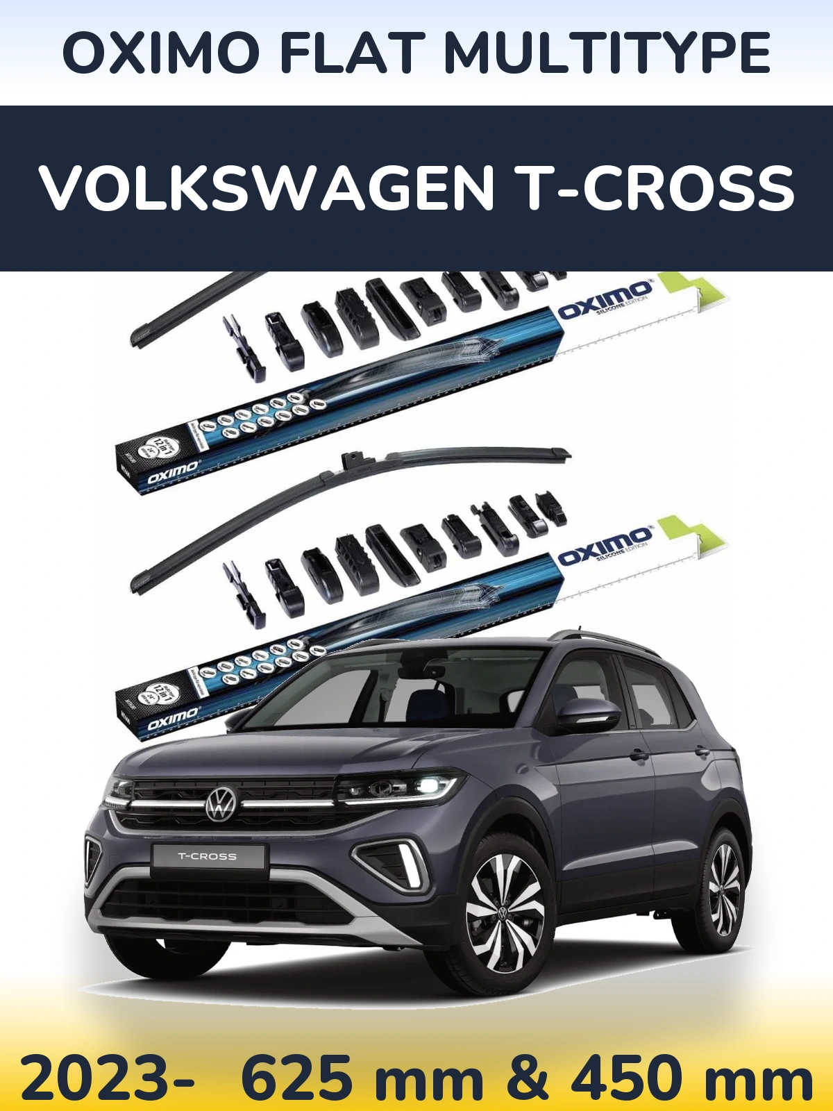 Комплект передніх щіток Oximo Flat MultiТипe 600 & 450 мм для Volkswagen T-Cross 2023-2026