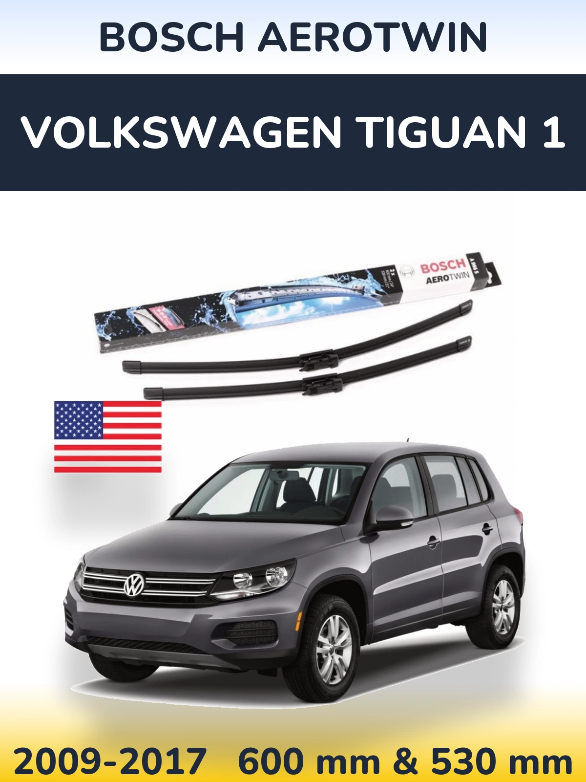 Комплект передніх щіток BOSCH AeroTwin 600 & 530 мм для Volkswagen Tiguan 1 2009-2017