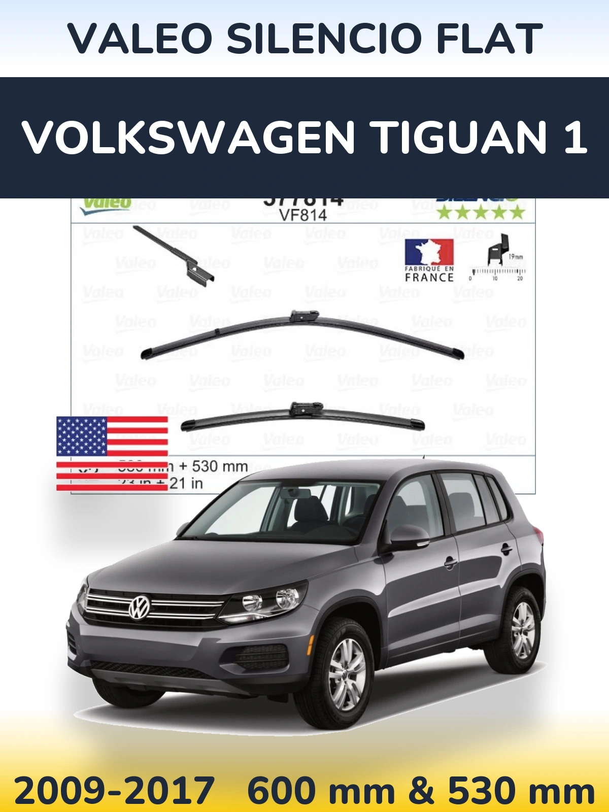 Комплект передніх щіток Valeo Silencio Flat 580 & 530 мм для Volkswagen Tiguan 1 2009-2017