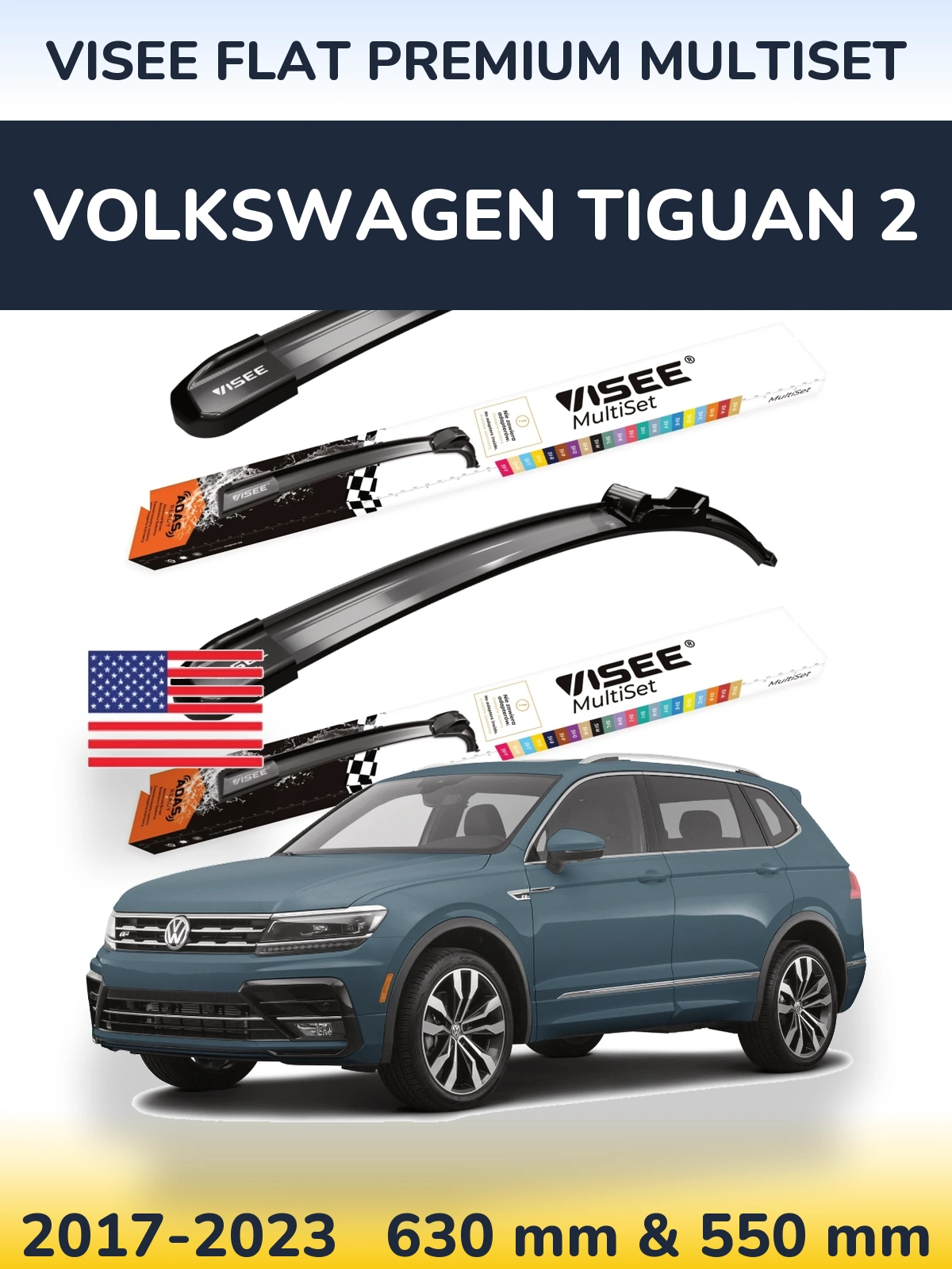 Front wiper blade set VISEE FLAT PREMIUM MultiSet 630 & 550 mm for Volkswagen Tiguan 2 2017-2023