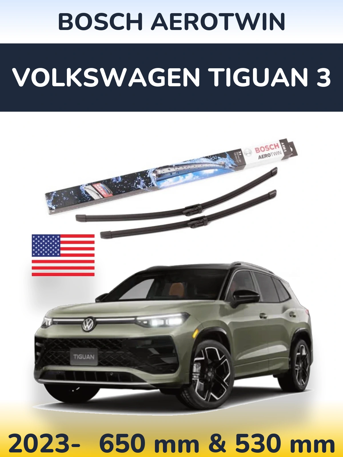 Комплект передніх щіток BOSCH AeroTwin 650 & 530 мм для Volkswagen Tiguan 3 2023-2026