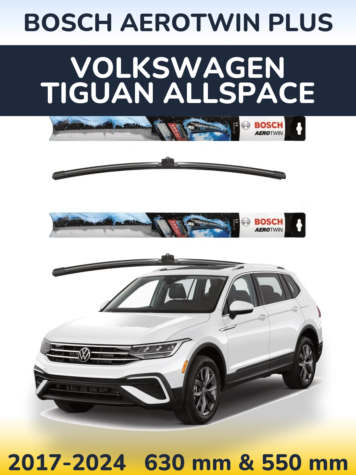 Комплект передних дворников BOSCH AeroTwin Plus 600 & 550 мм для Volkswagen Tiguan Allspace 2017-2024
