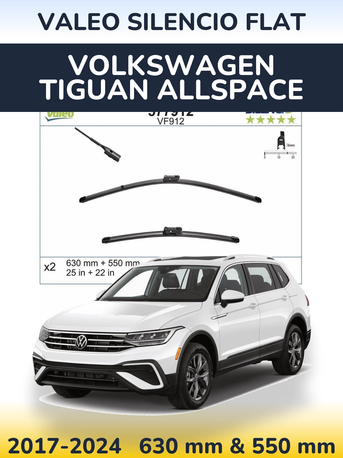 Front wiper blade set Valeo Silencio Flat 630 & 550 mm for Volkswagen Tiguan Allspace 2017-2024