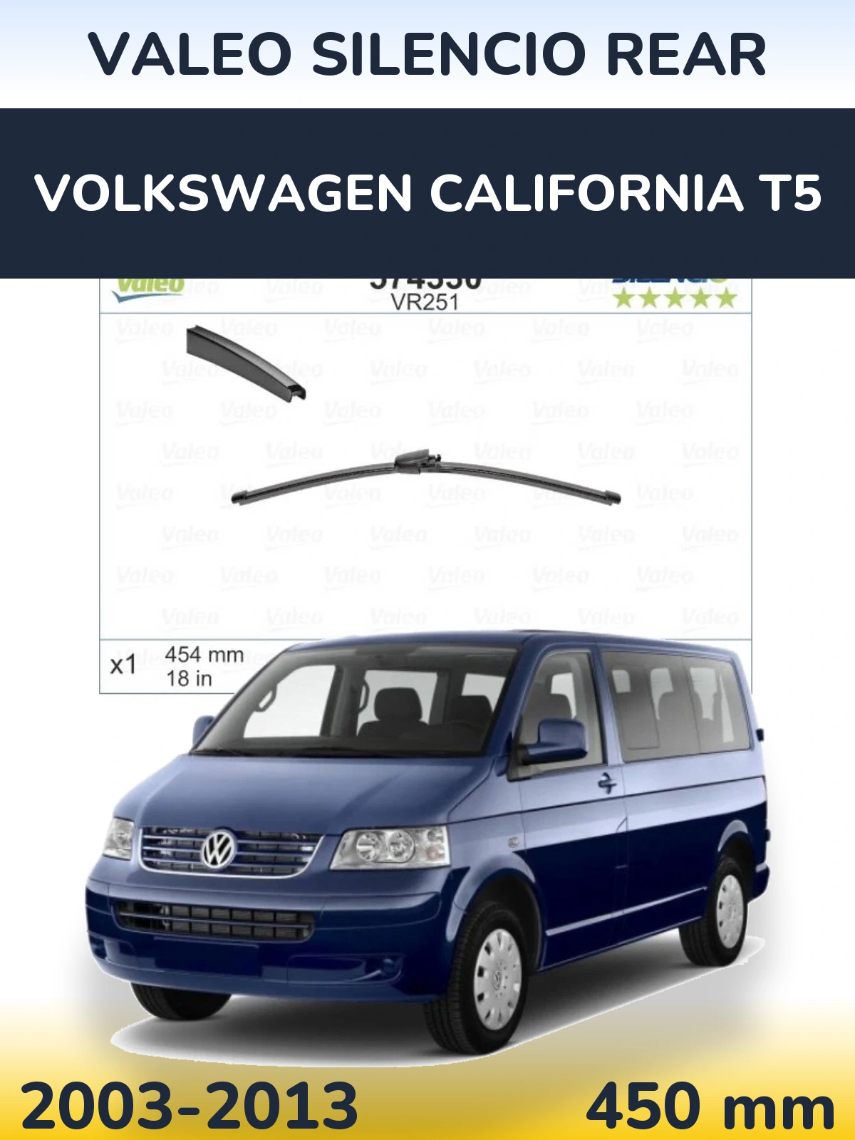 Rear wiper blade Valeo Silencio Rear 454 mm for Volkswagen California T5 2003-2013