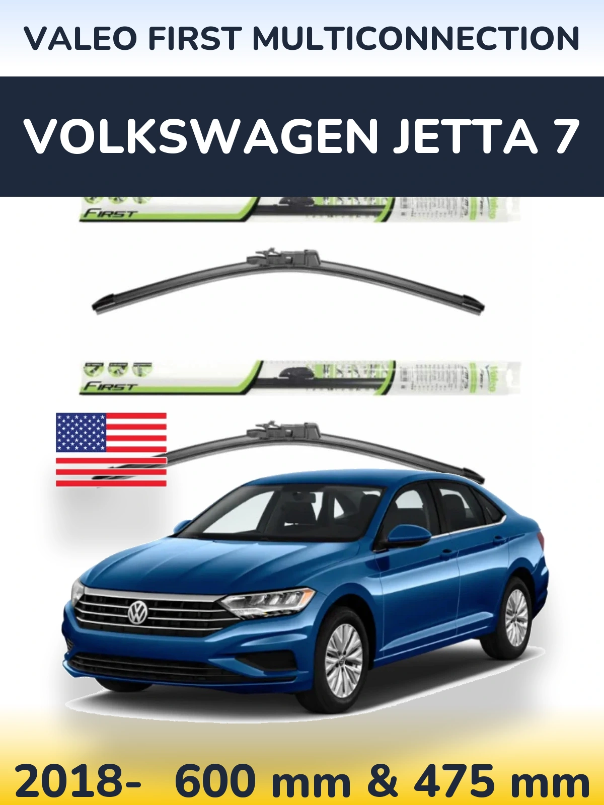 Front wiper blade set Valeo First MultiConnection 600 & 475 mm for Volkswagen Jetta 7 2018-2026