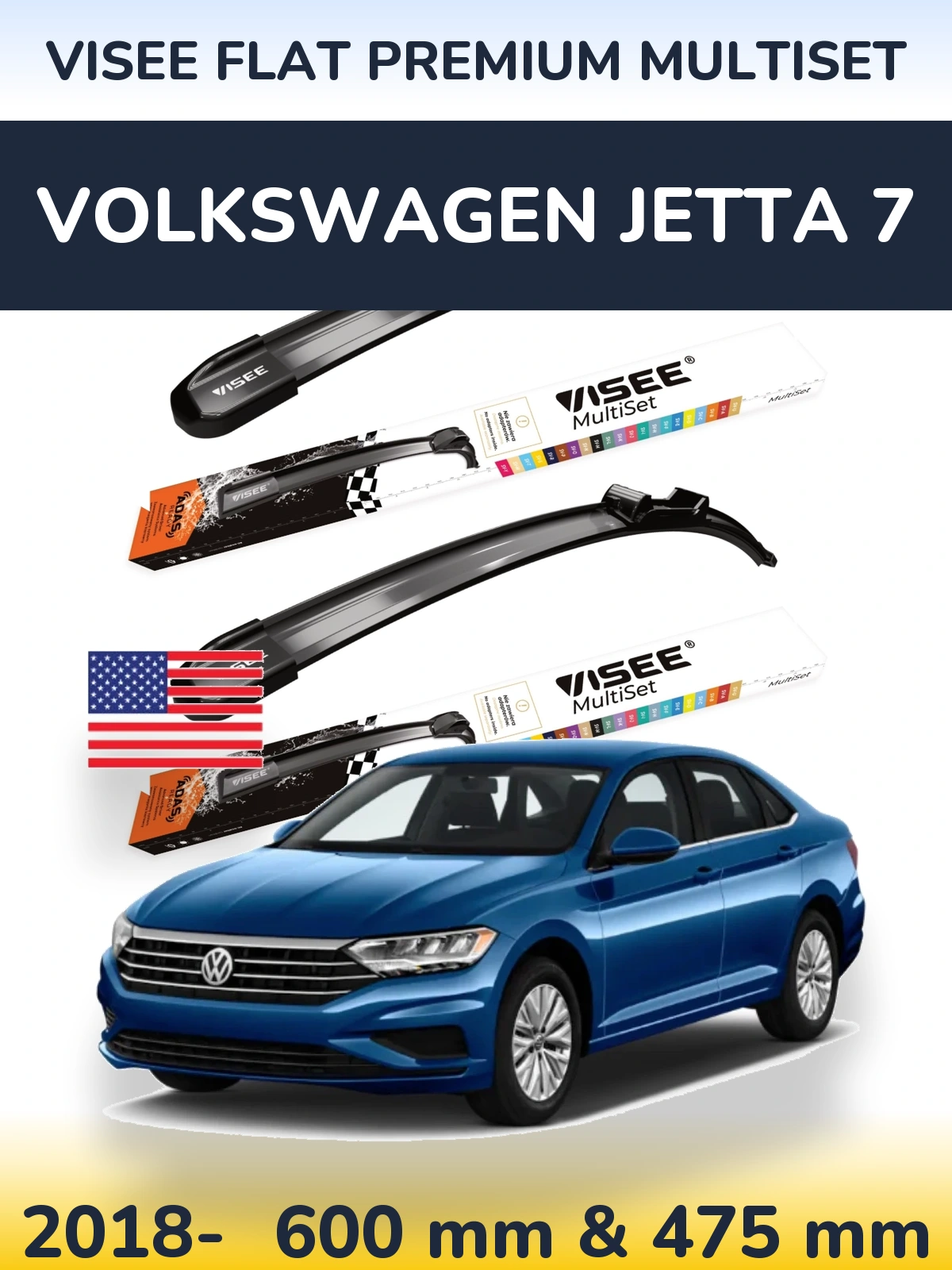 Front wiper blade set VISEE FLAT PREMIUM MultiSet 600 & 475 mm for Volkswagen Jetta 7 2018-2026