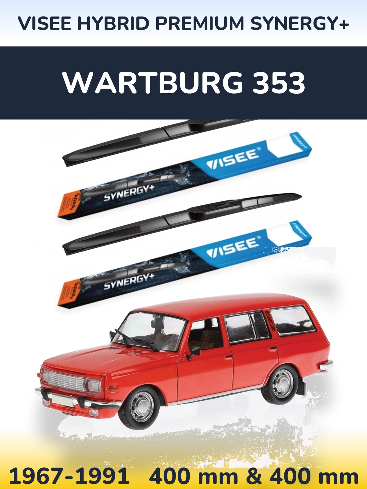 Front wiper blade set VISEE HYBRID PREMIUM SYNERGY+ 400 & 400 mm for Wartburg 353 1967-1991