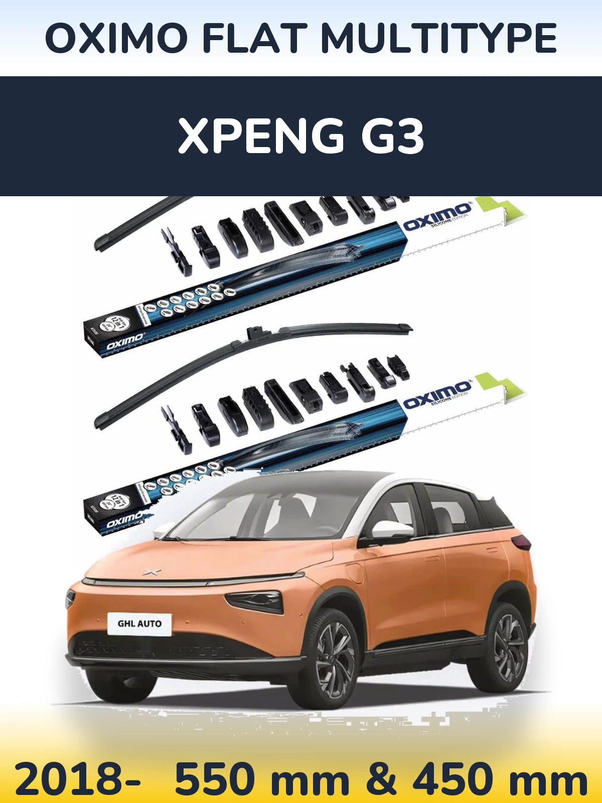 Front wiper blade set Oximo Flat MultiTypee 550 & 450 mm for XPENG G3 2018-2026