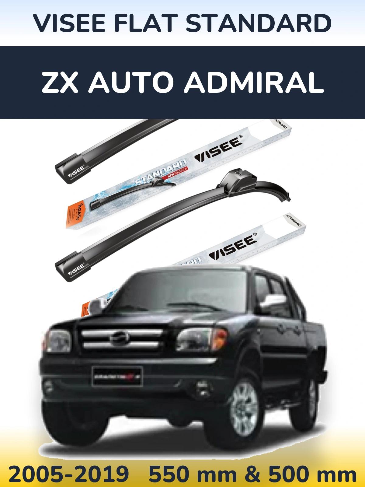 Komplet przednich wycieraczek VISEE FLAT STANDARD 550 & 500 mm do ZX Auto Admiral 2005-2019
